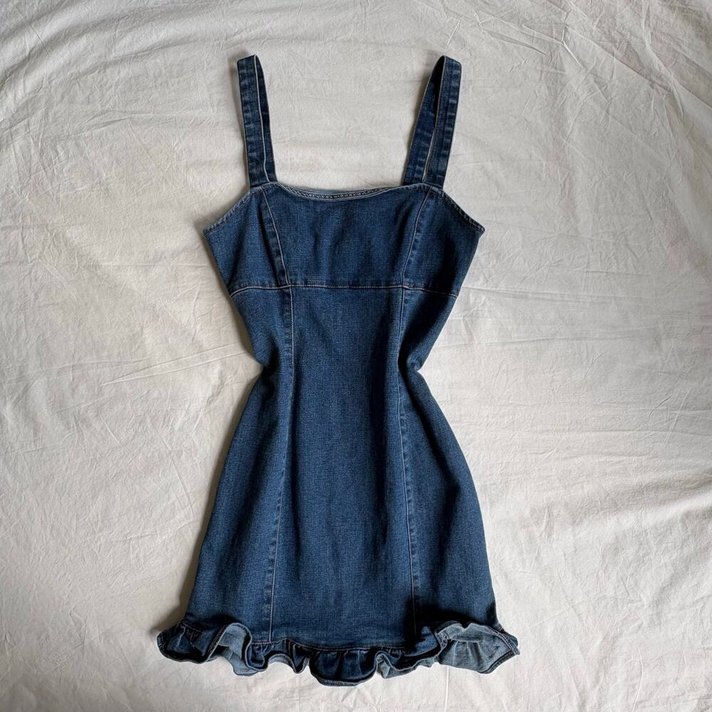 Y2K Forever 21 Denim Mini Dress Ruffle Hem - Size Small